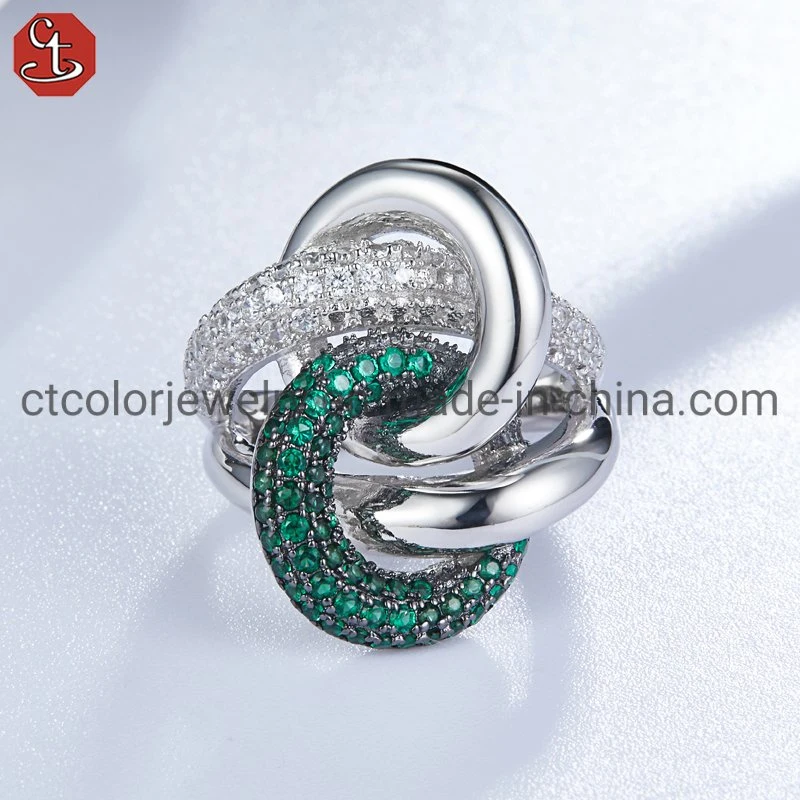 new jewellry Hiphop 925 silver two-color silver green cubic diamond zircon ring