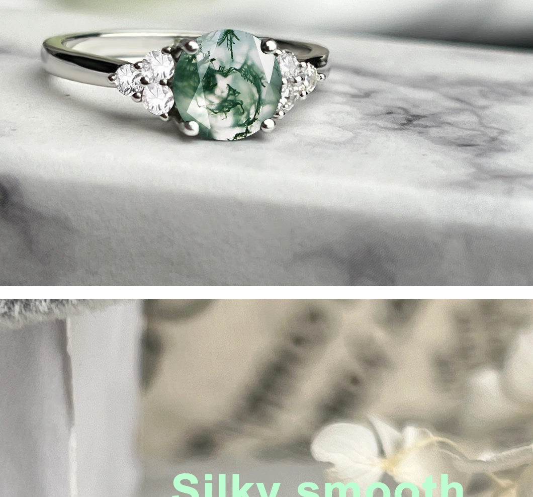 Wholesale Women Jewelry Oval Moss Agate Ring Engagement Wedding Ring