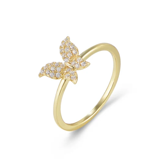 Anillo de mariposa de circonio cúbico chapado en oro para mujeres y niñas, joyería de plata de ley 925, anillo de cóctel de mariposa con logotipo personalizado